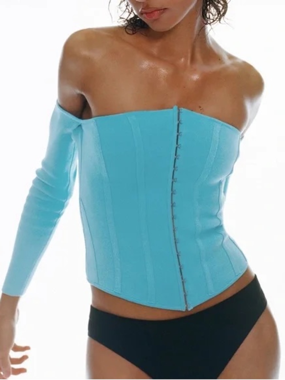 Zara Aqua Off-Shoulder Corset Crop Top